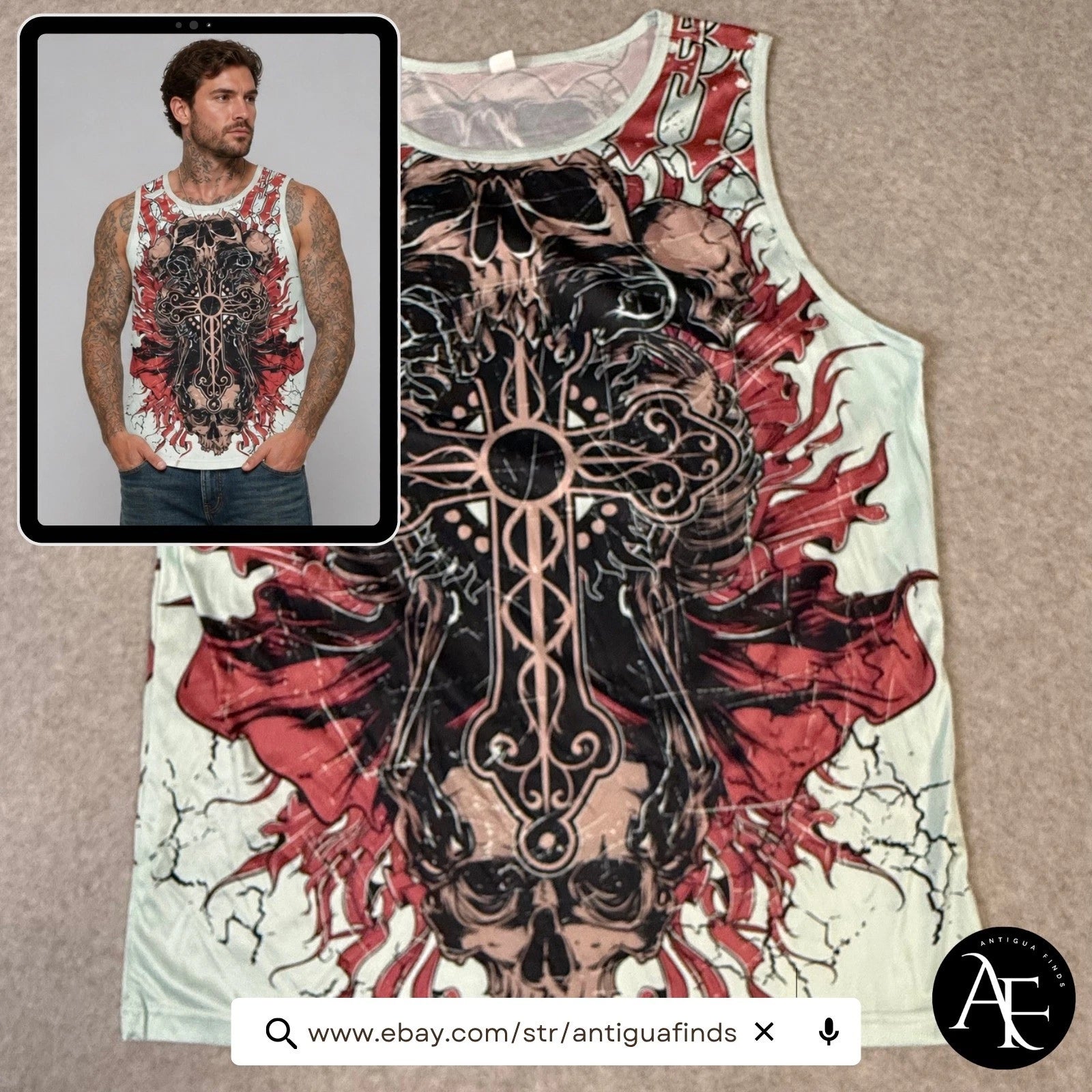 Men's Size XXL Gothic Skull Cross Graphic Tank Top Red White Sleeveless Shirt