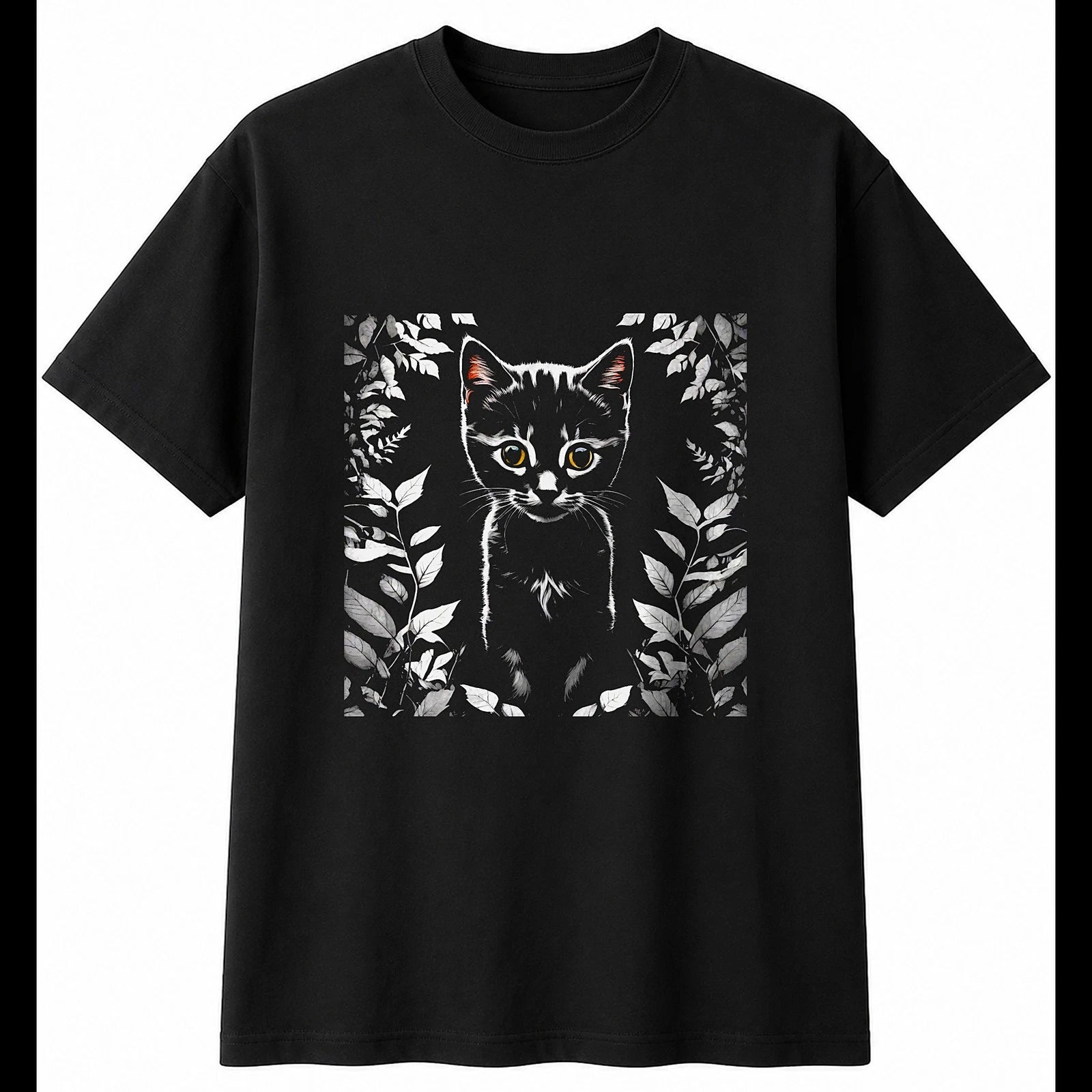 Double Exposure Kitten in Nature Cat Cute Mens T-Shirt Black 100% Cotton Kawaii