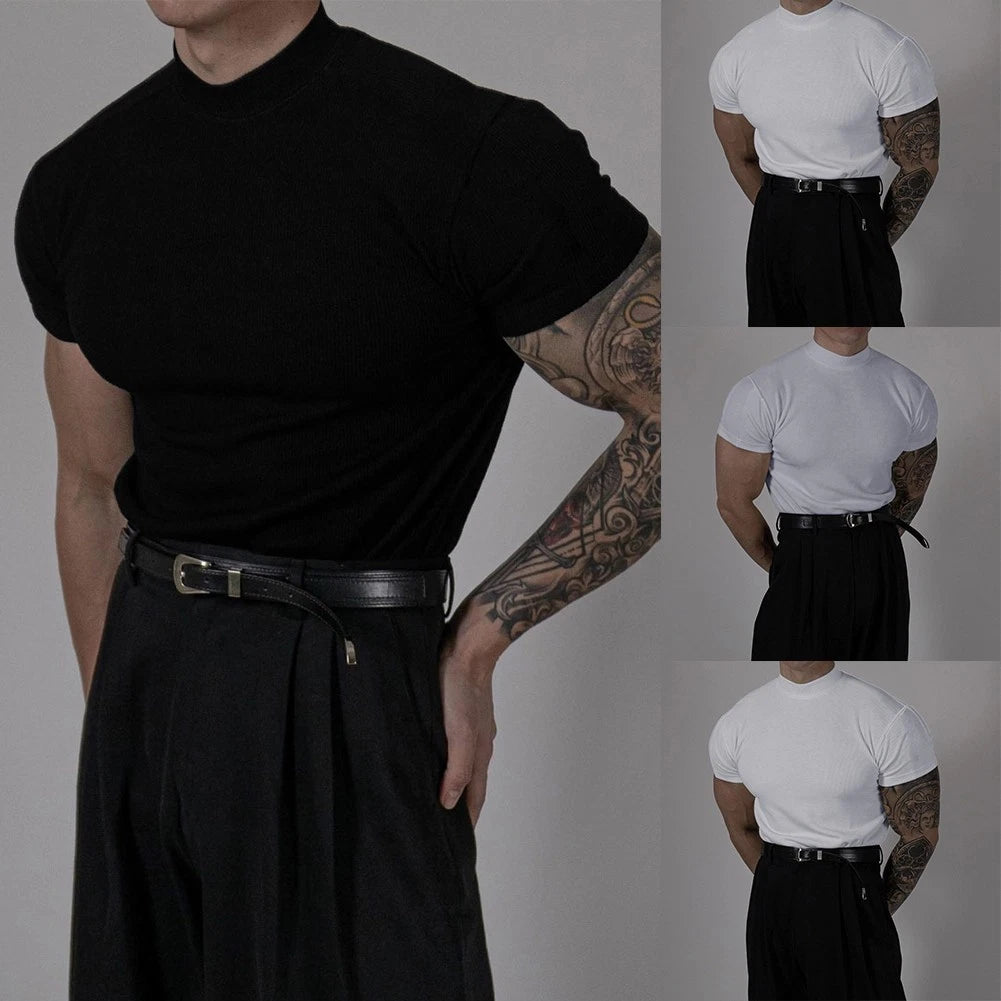 Sleek Men's Slim Fit Stripe Design Short Sleeve T Shirt for Fitness Enthusiasts