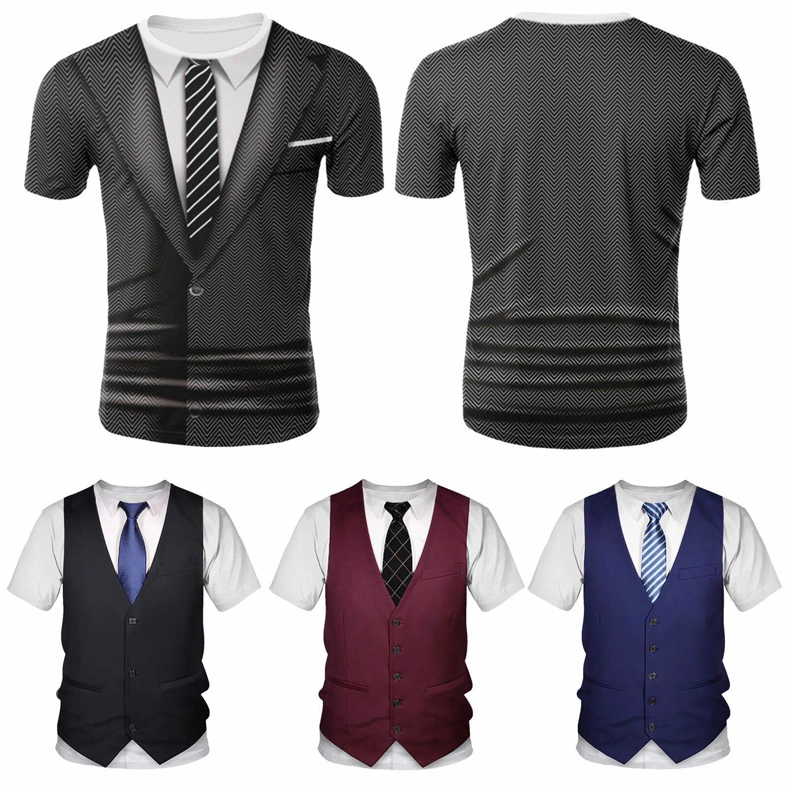 Men T-Shirt Casual Short Sleeve Fake 3D Tuxedo Print Suit Vest Tie Printed AU