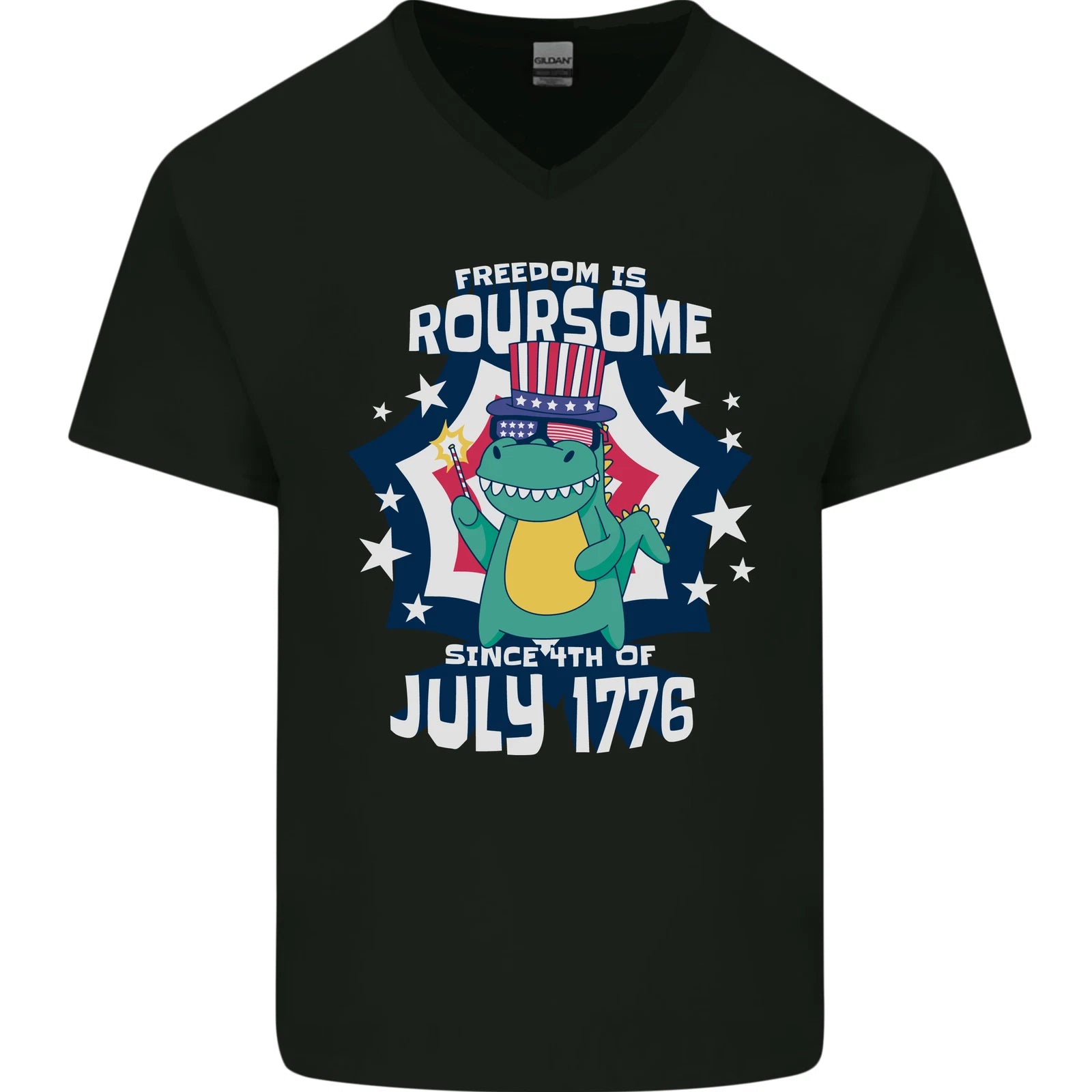 T-Rex American Independence Day July 4th Funny Mens V-Neck Cotton T-Shirt