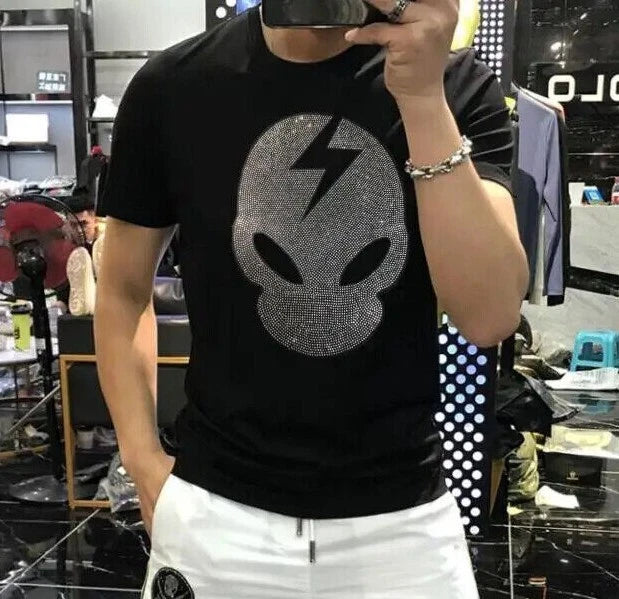 New Men Luxury Rhinestones Fashion Black White T-Shirt High Quality