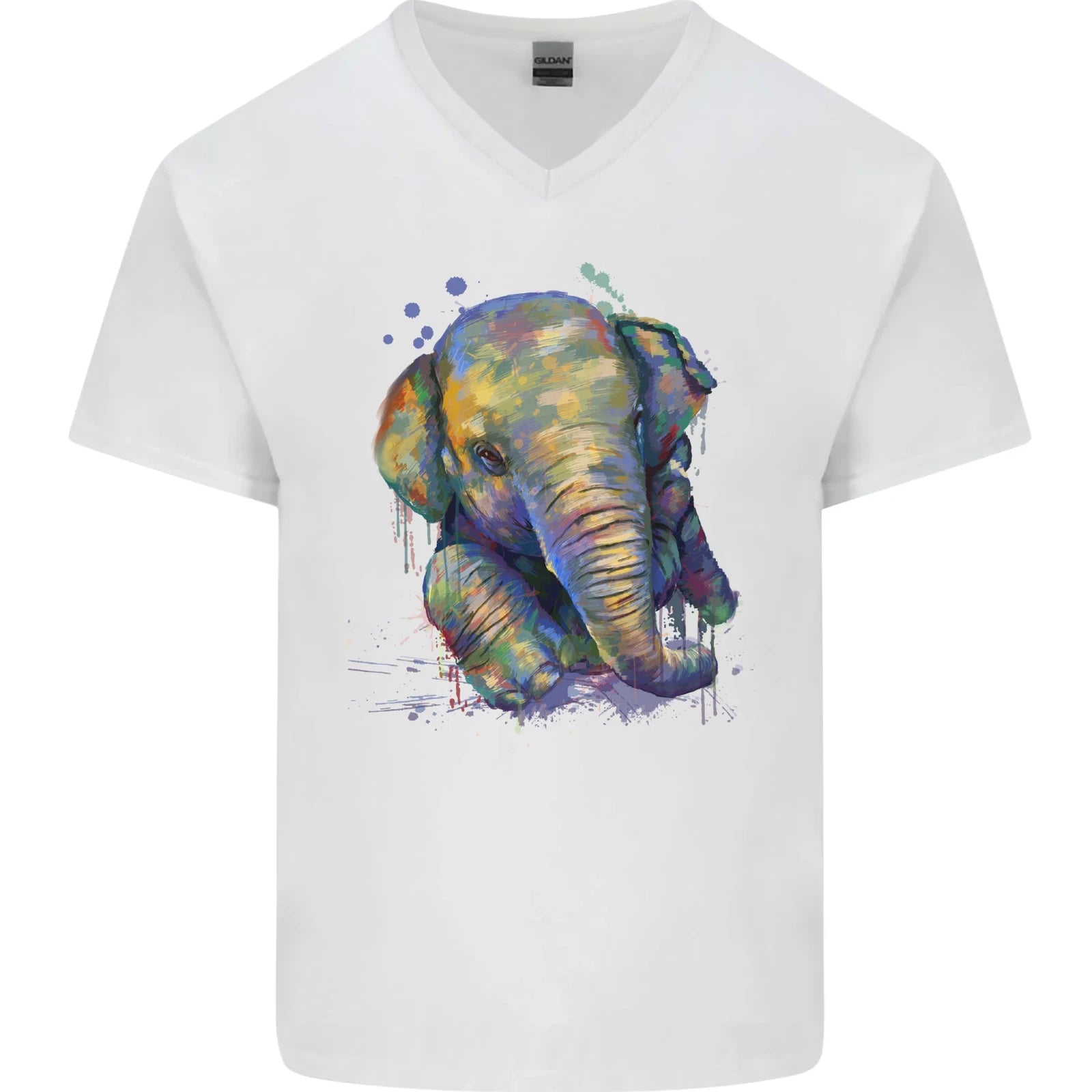 Elephant Hand Drawn Watercolour Mens V-Neck Cotton T-Shirt