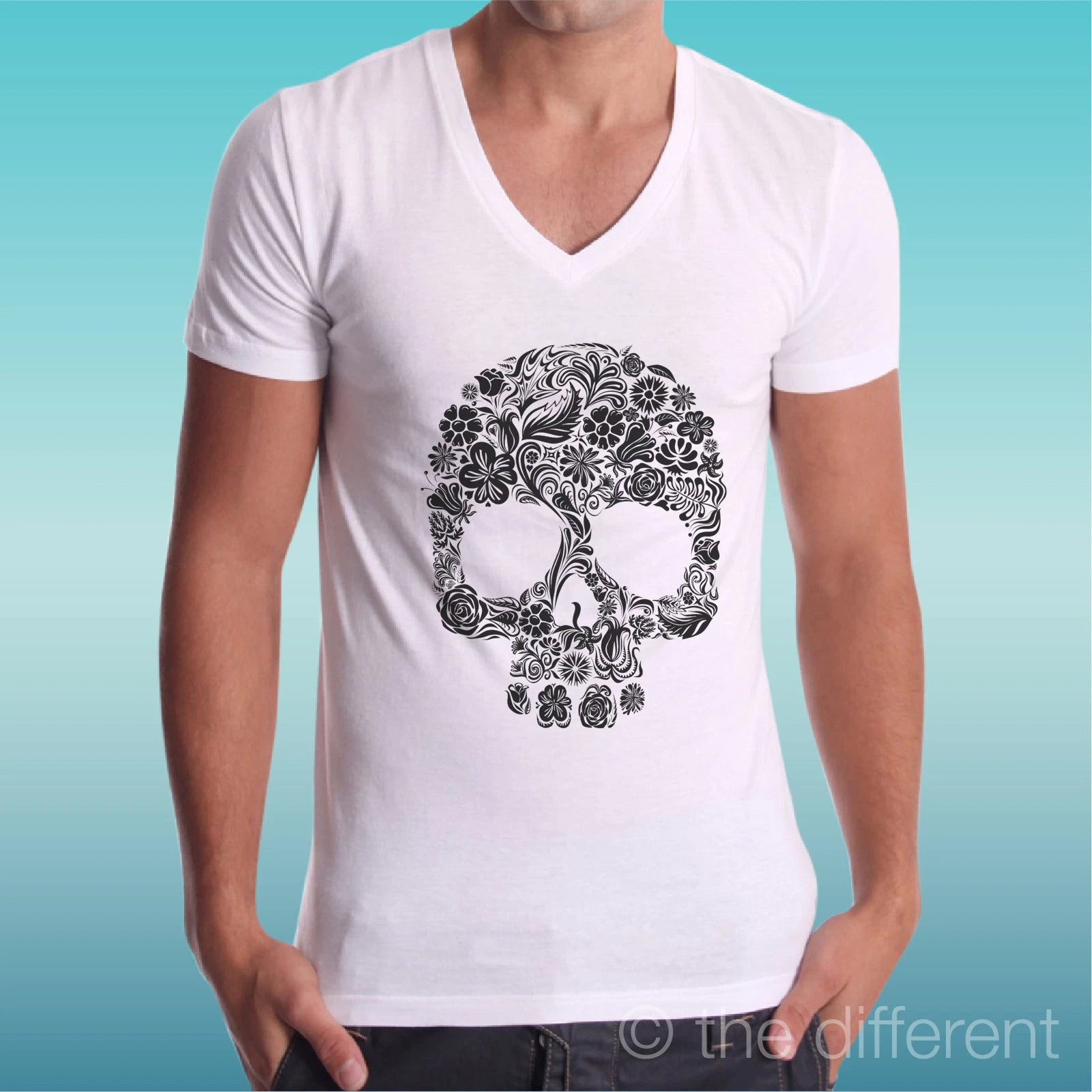 Men's T-Shirt V Neck 'Skull Flowers' Gift Idea Road To Happiness