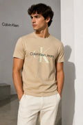 CALVIN KLEIN Men's  Seasonal MONOLOGO Crewneck T-Shirt Beige Casual BNWT