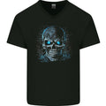 Blue Cosmic Skull Mens V-Neck Cotton T-Shirt