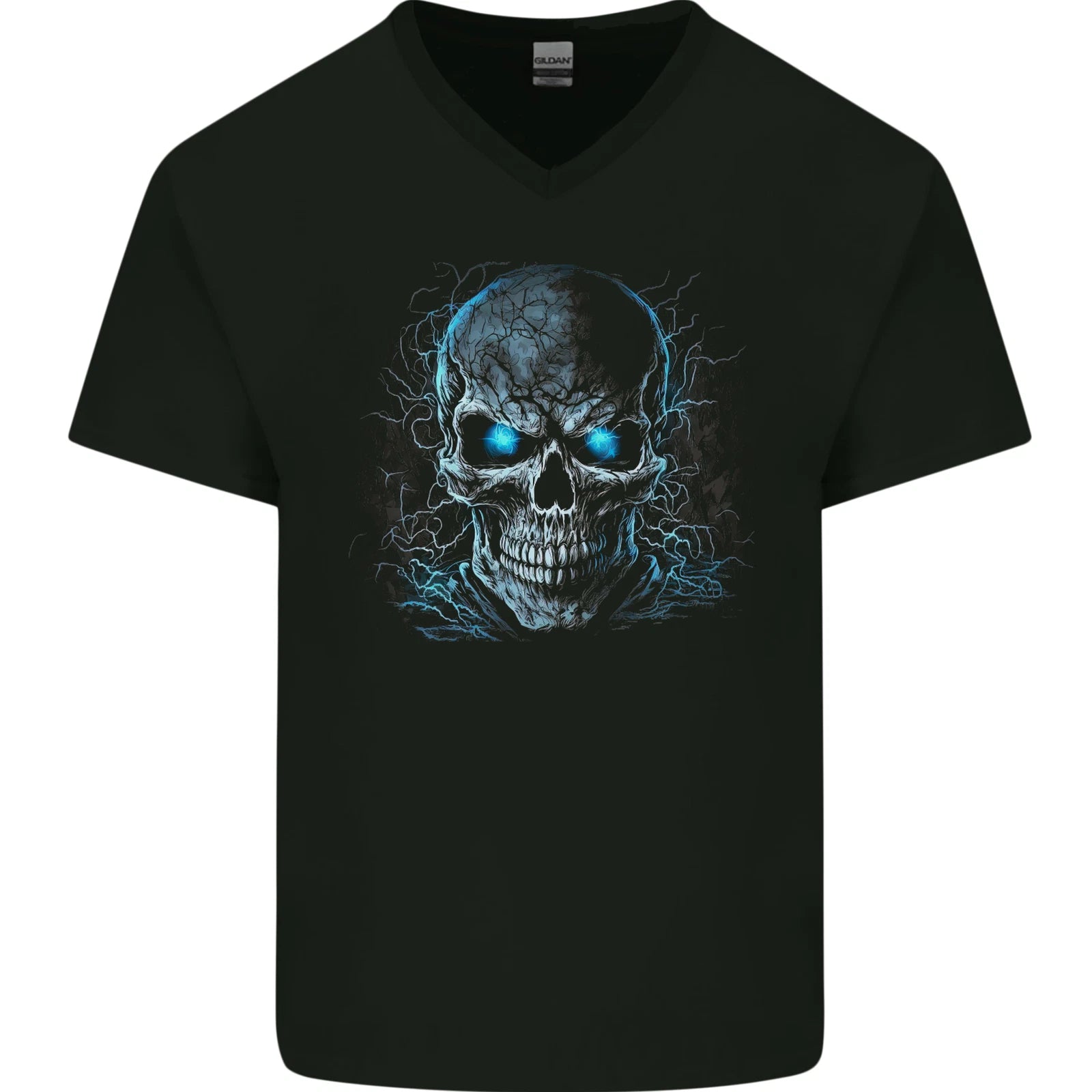 Blue Cosmic Skull Mens V-Neck Cotton T-Shirt