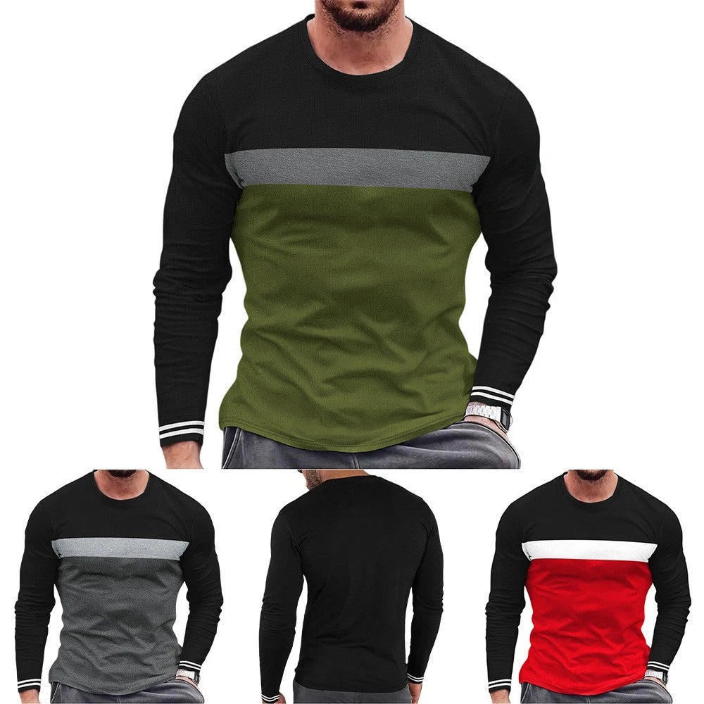 Mens loose round neck long sleeve tshirt colorblocked for multi season wear