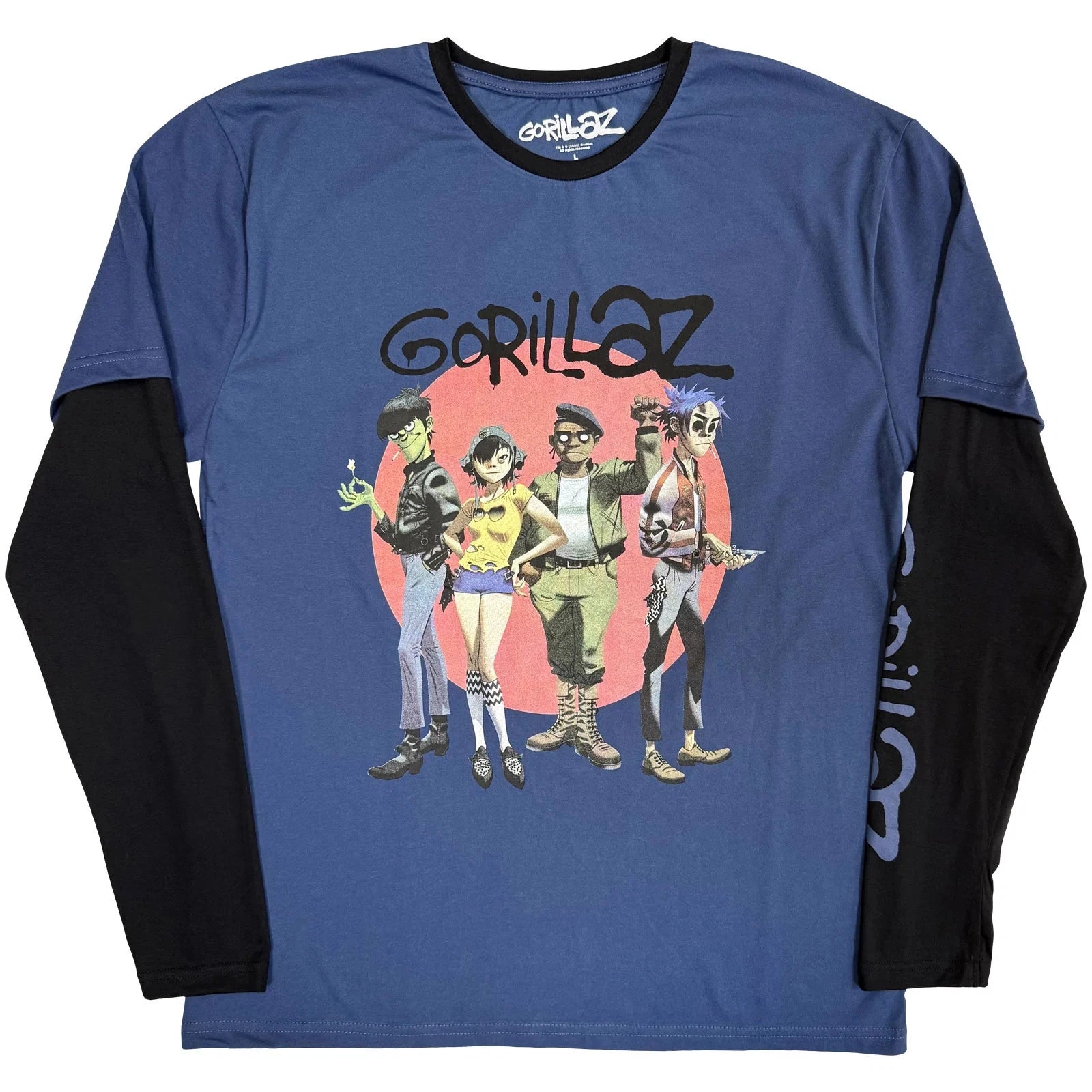 Gorillaz Layered Long Sleeve T-Shirt: Group Circle Rise (Denim Blue & Black) (Sl