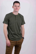 Premium 100% Cotton Henley Shirt Short Sleeve Casual Summer Tee Olive