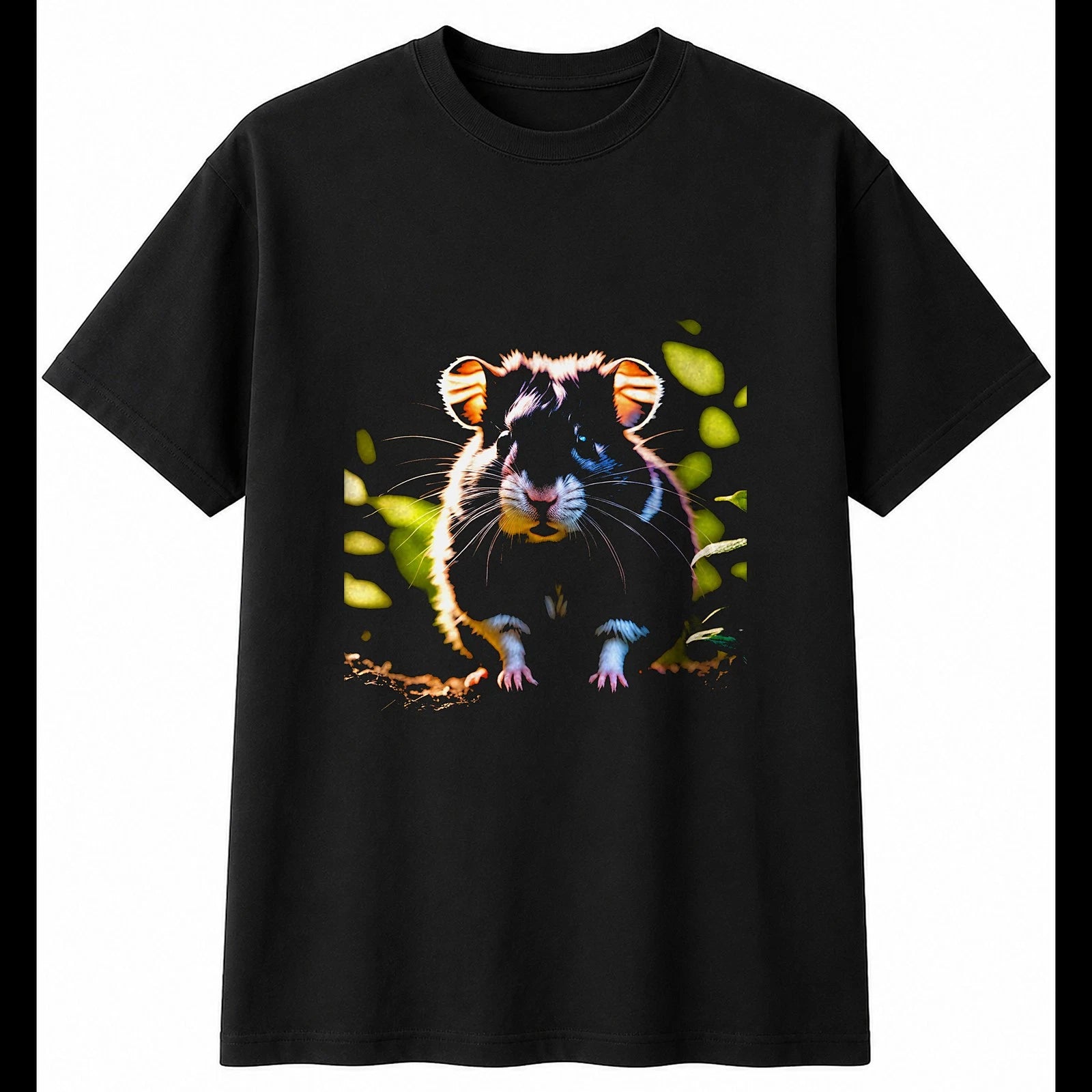 Botanical Hamster Neon Glow Cute Mens T-Shirt Black 100% Cotton Kawaii Printed