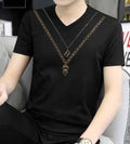New Men Luxury V-Neck Diamond Rhinestones Fashion Black T-Shirt High Quality