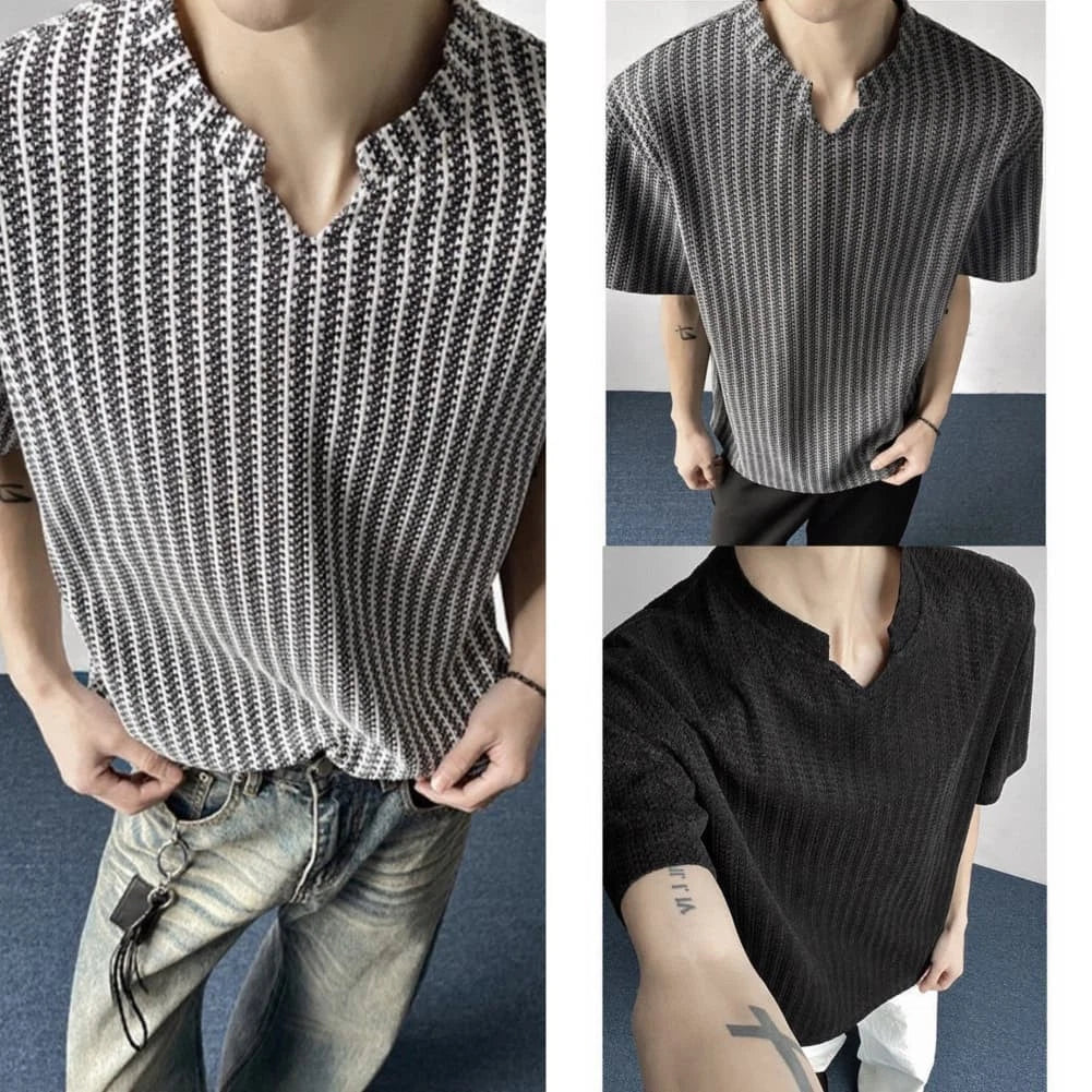 For Business Casual Men V-neck T-shirt V-neck Design Solid Color Pattern