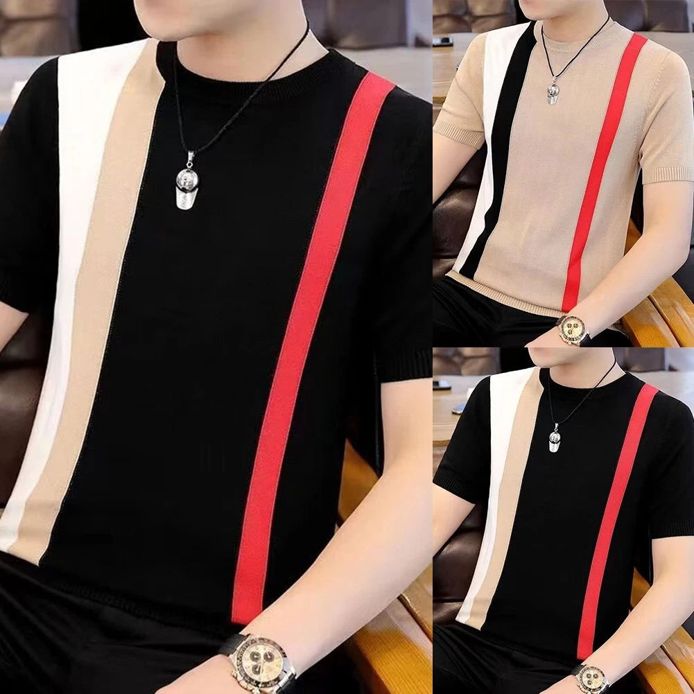 Short Sleeve Korean Style Striped Round Neck Undershirt Slim Fit for Men