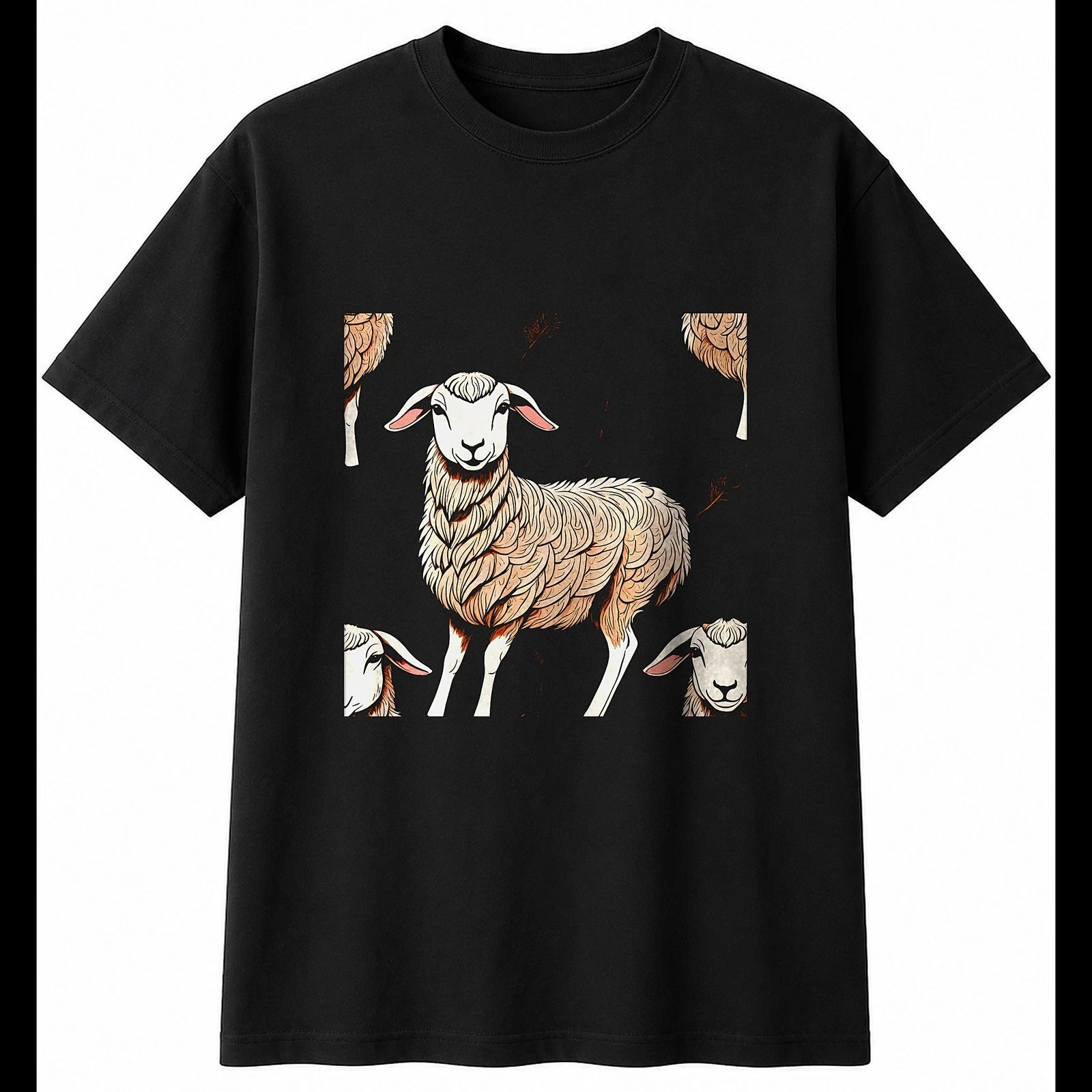 Graphic Lamb with Feathers Sheep Cute Mens T-Shirt Black 100% Cotton Kawaii
