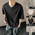 Solid Color Textured Men T Shirt V Neck Short Sleeve Loose Fit Streetwear Top