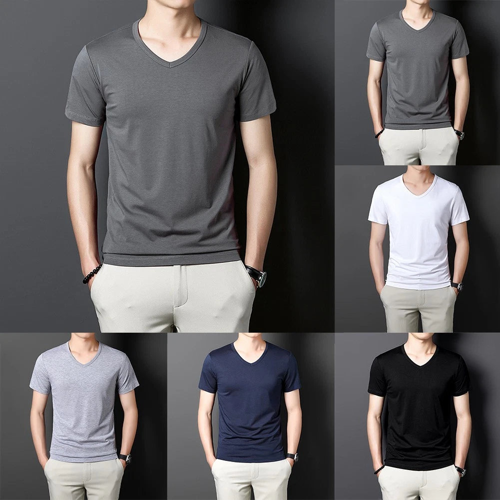 Short Sleeve Pullover Men V-neck T-shirt Regular Length Base Shirts T-shirts