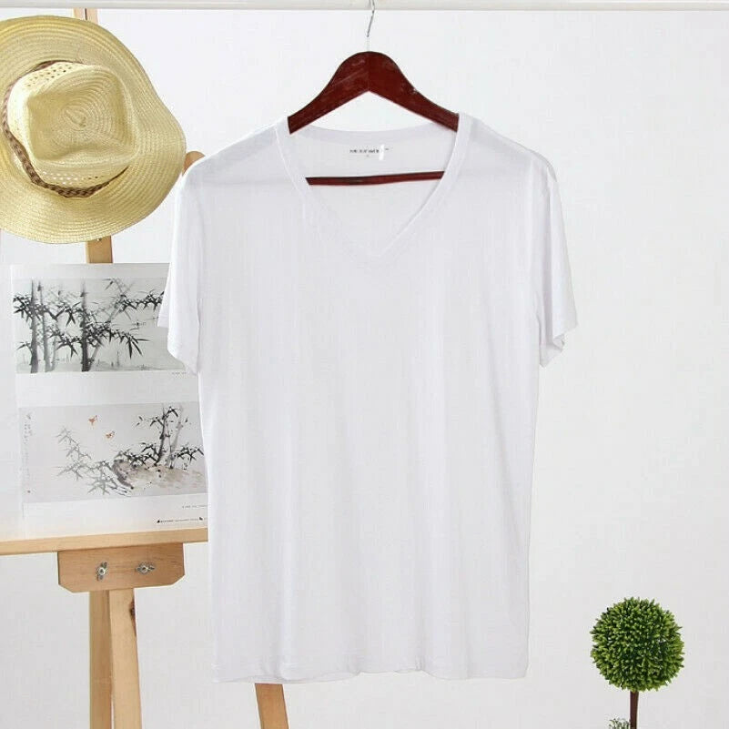 Men's V Neck Modal Stretchy Shirt Tops Short Sleeve Pullover Solid Sports Casual
