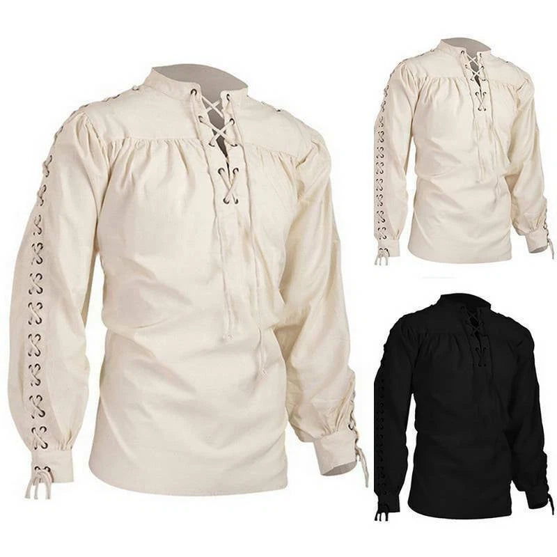 Men Renaissance Peasant Pirate Up Linen Tops Cosplay Costume Shirt Medieval Lace