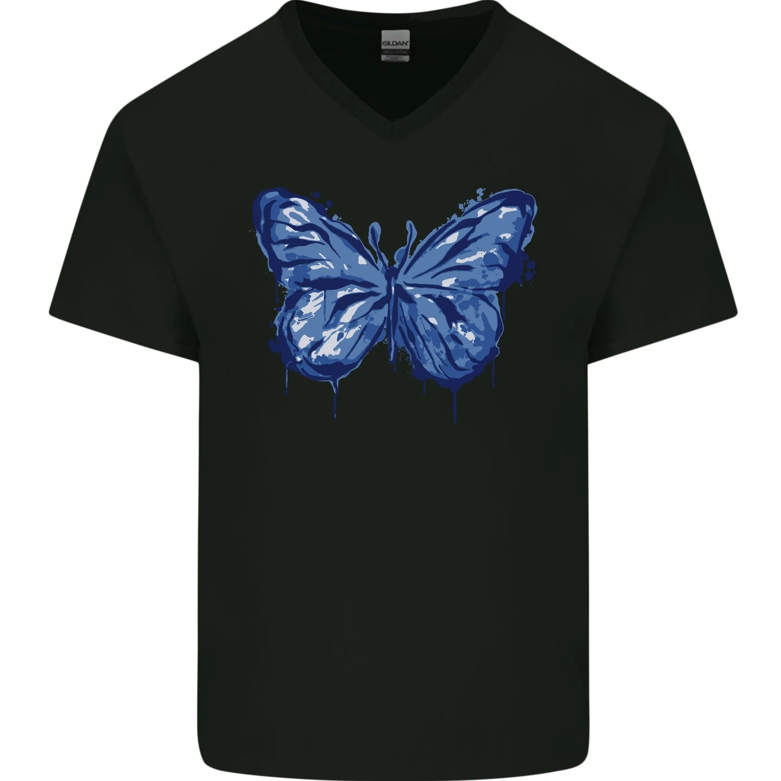 Dripping Blue Butterfly Rhopalocera Mens V-Neck Cotton T-Shirt