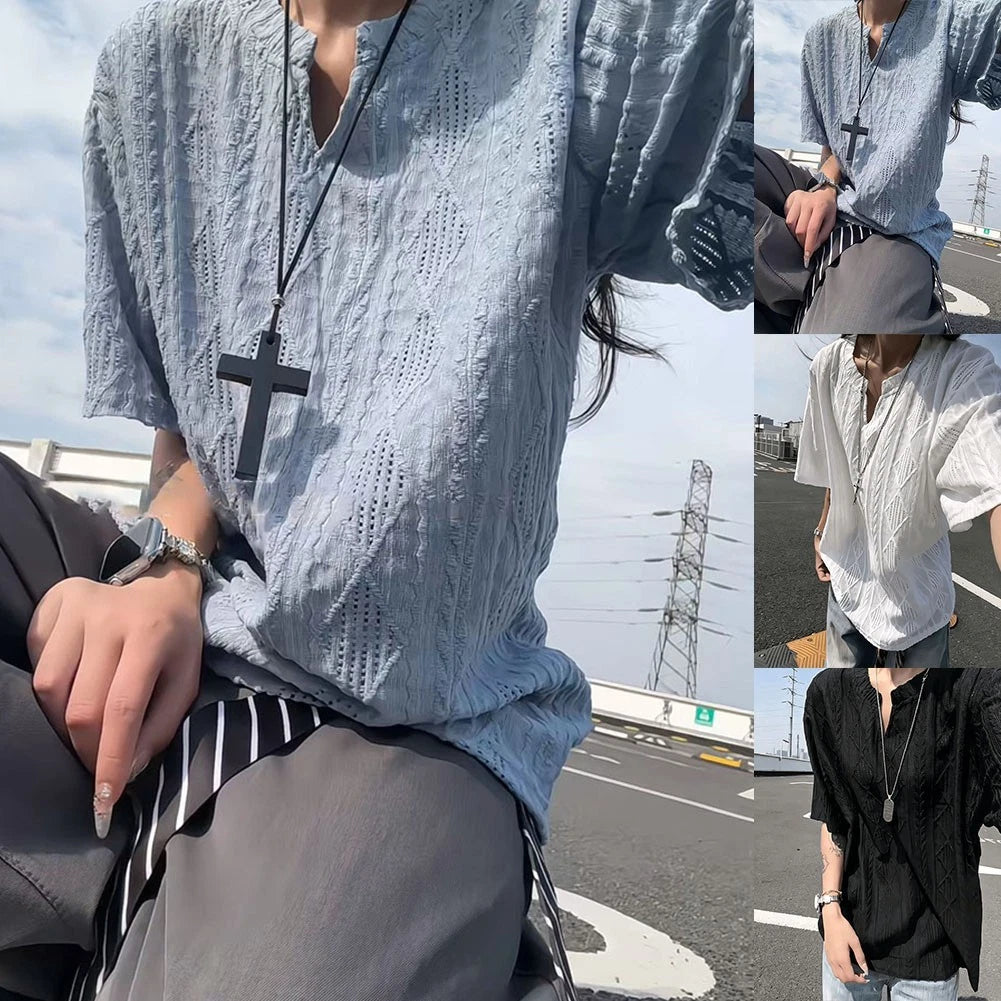For Summer Days Men V Neck T-shirt Short Sleeve Breathable Solid Color Pattern
