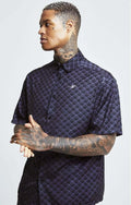 SikSilk Mens Black Monogram Resort Shirt Small
