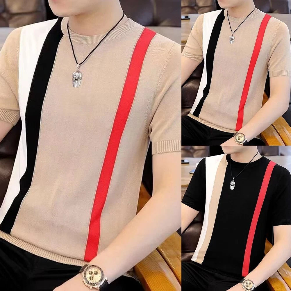 Round Neck Short Sleeve Men Undershirt Korean Style Stripe Slim Fit Tee