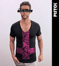 Pistol Boutique Men's Fitted Black Deep V Neck SKETCH ROSE ROSES CROSS T-shirt