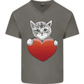 A Cute Cat With a Heart Love Valentines Day Mens V-Neck Cotton T-Shirt