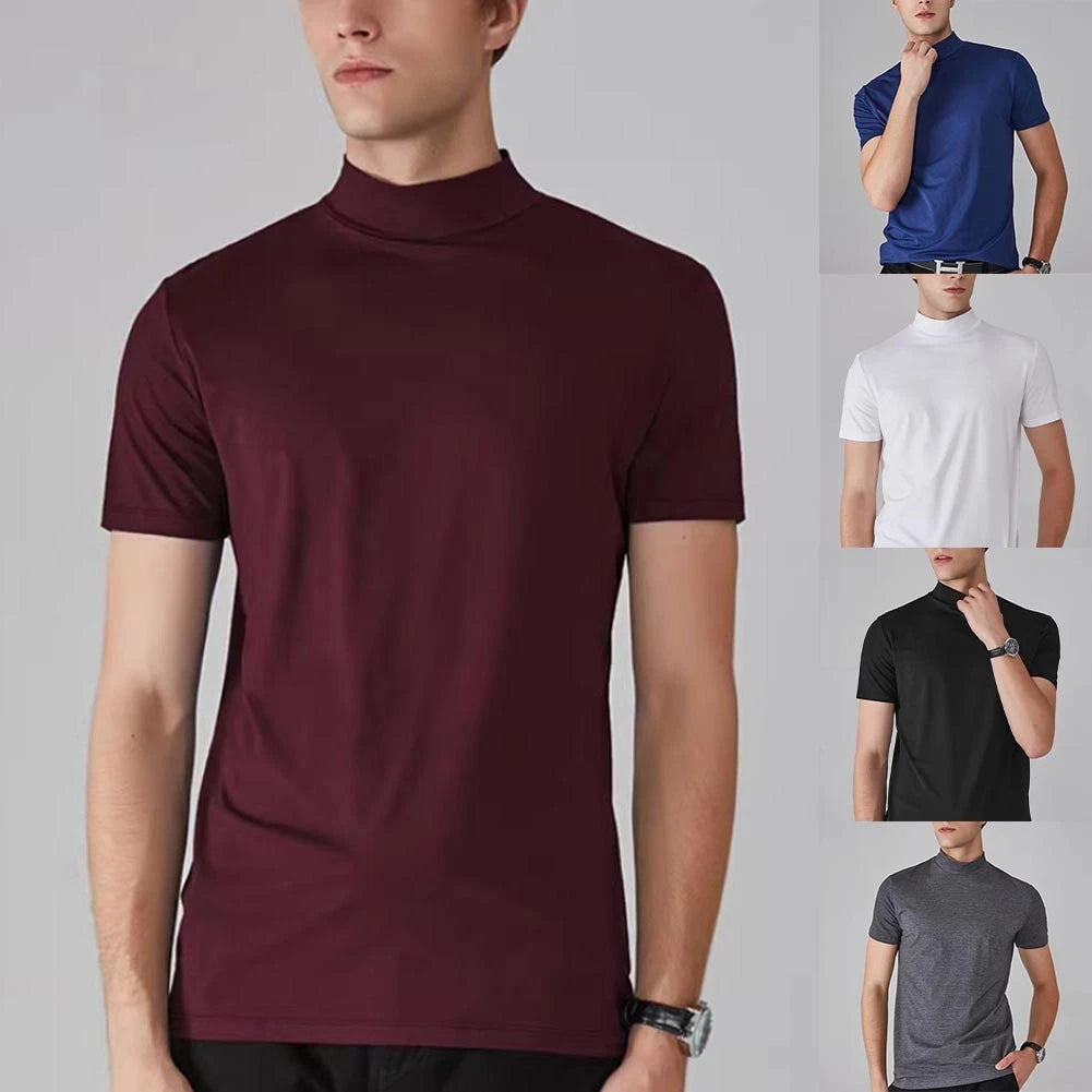 Men's Regular Fit Short Sleeve T Shirt Half High Collar Solid Color Casual