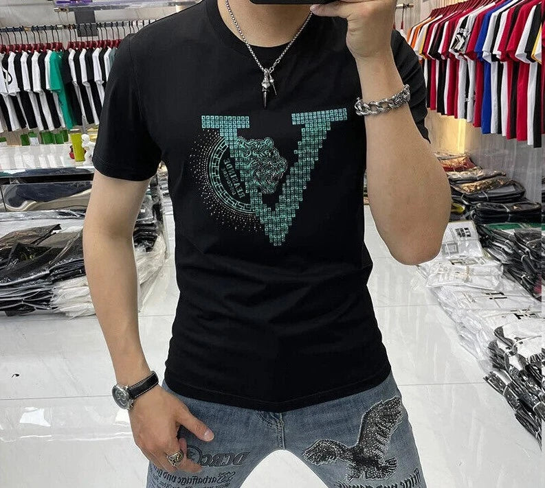 New Men Luxury Tiger Rhinestones Fashion Black White T-Shirt High Quality