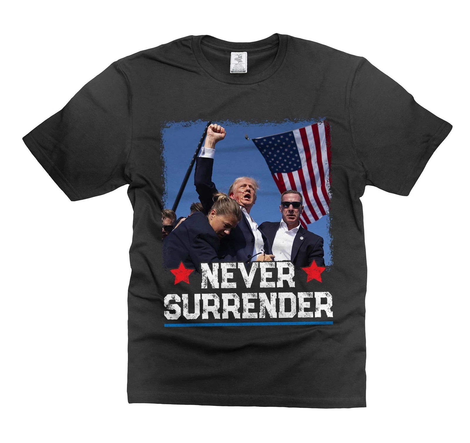 Never Surrender USA Flag Shirt Donald Trump PA Rally Shirt DJT Support Shirt