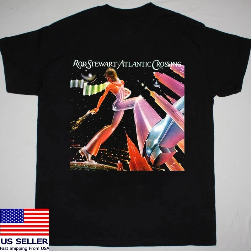 Rod Stewart Atlantic Crossing Album Black Cotton T Shirt Full Size S-5XL Unisex