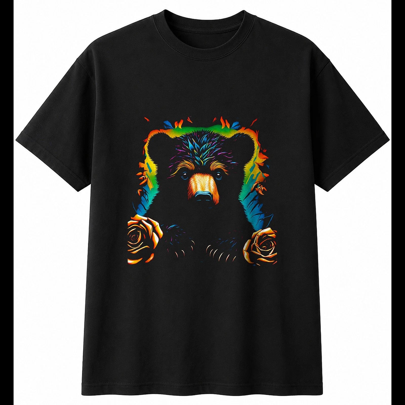 Neon Bear Cub with Roses Cute Mens T-Shirt Black 100% Cotton Unisex Kawaii