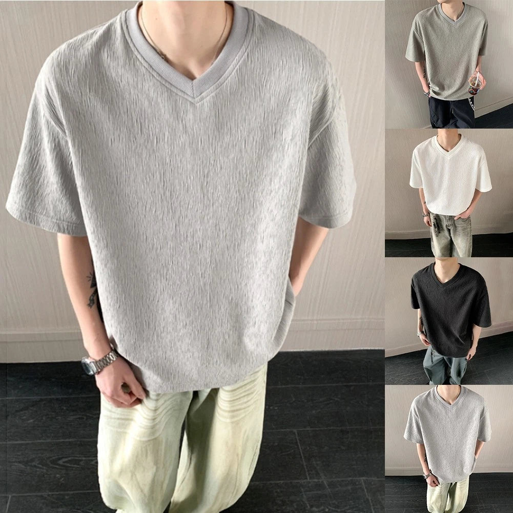 Loose Short Sleeve Men T Shirt V Neck Solid Color Texture Casual Street Top
