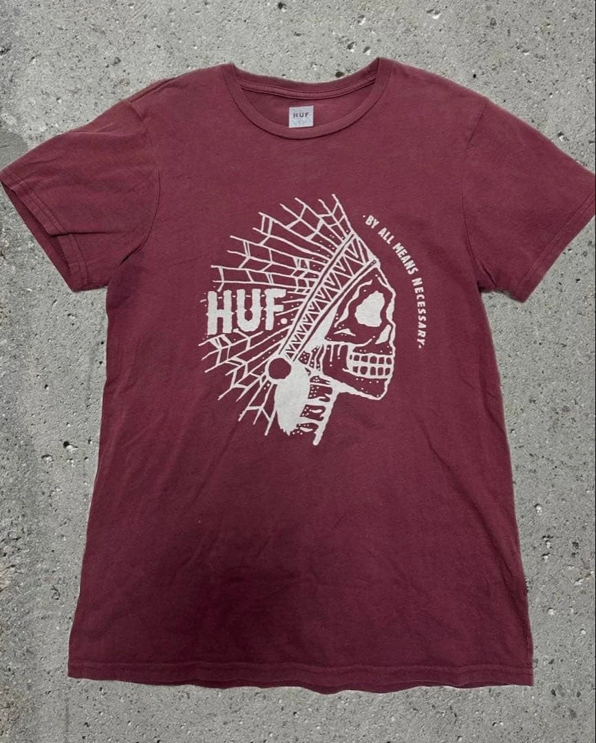 HUF Fade Burgundy Skull Graphic T-Shirt Streetwear Skateboarding Used