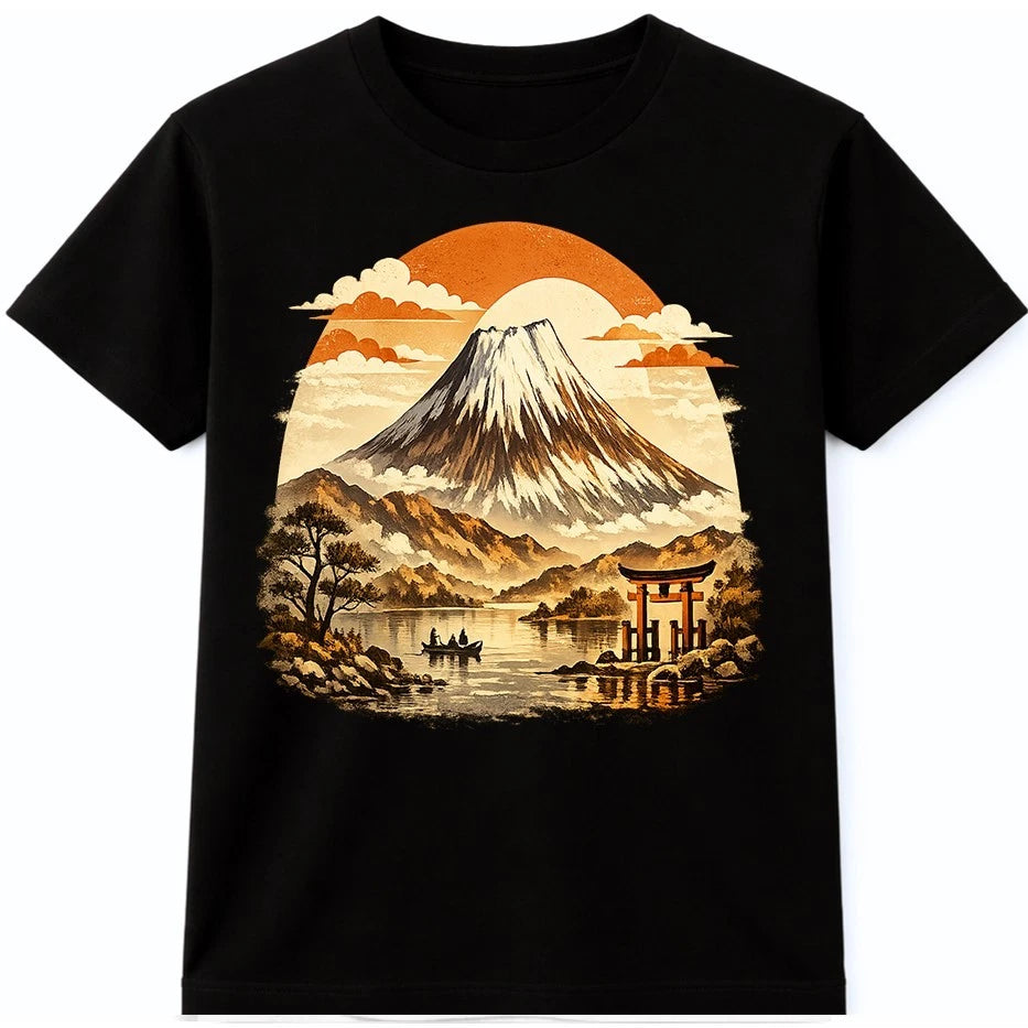 Mount Fuji Torii Gate Japanese Landscape Vintage Sunset Graphic T-Shirt.