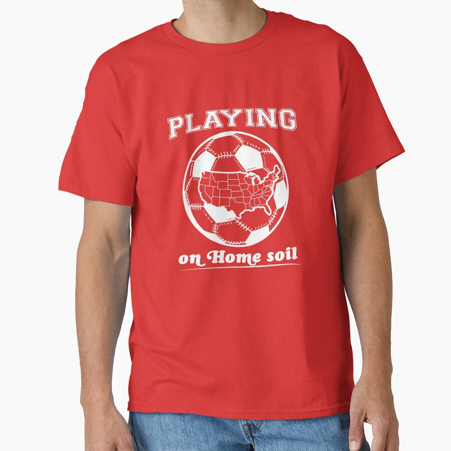 White Playing on Home Soil — USA Map Soccer Ball Graphic T-Shirt | World Cup 2026 American Soccer Gift by ArtofDari