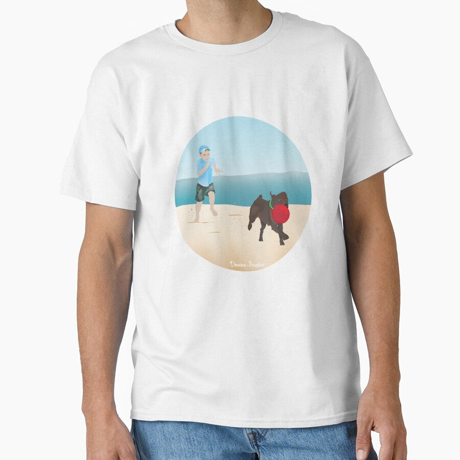 Boy and Dog Playing Ball at the Beach by Devine-Studios
