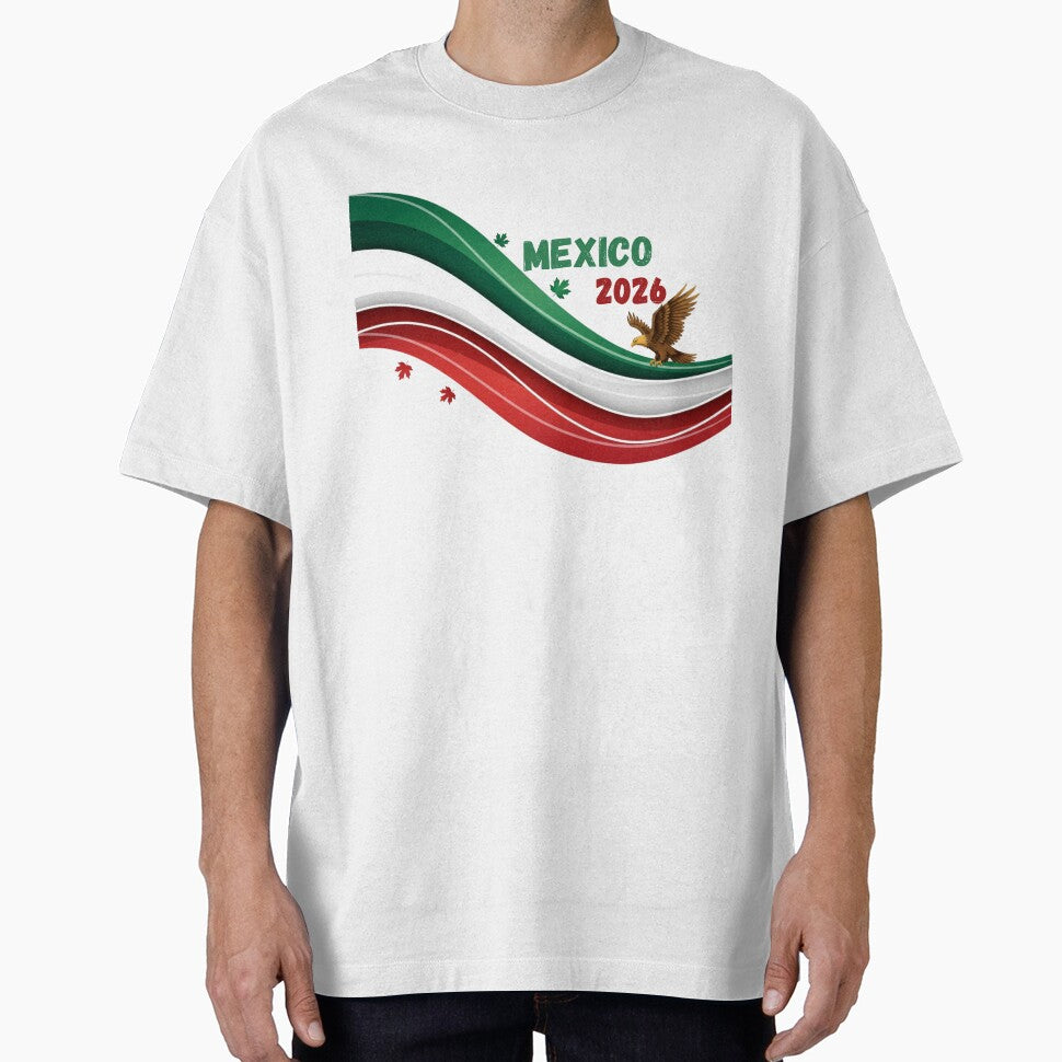 Mexico 2026 Soccer Fan T-shirt & Sticker - Waving Flag with Eagle Design.(Camiseta y Calcomanía México 2026 - Diseño Bandera y Águila para Aficionados al Fútbol) by printeGear