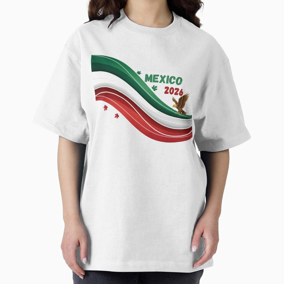 Mexico 2026 Soccer Fan T-shirt & Sticker - Waving Flag with Eagle Design.(Camiseta y Calcomanía México 2026 - Diseño Bandera y Águila para Aficionados al Fútbol) by printeGear