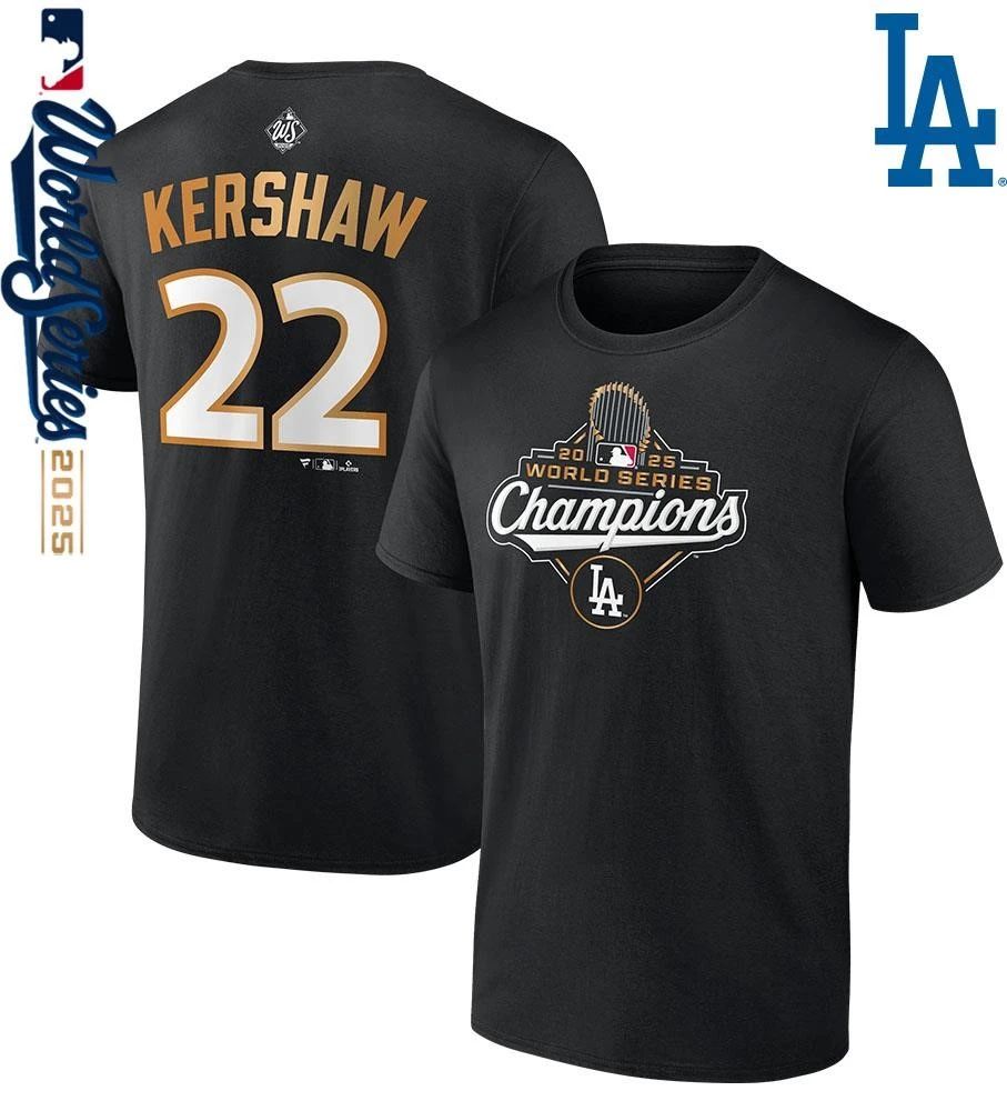 Clayton Kershaw Los Angeles Dodgers 2025 World Series Champions Name & Number T-Shirt