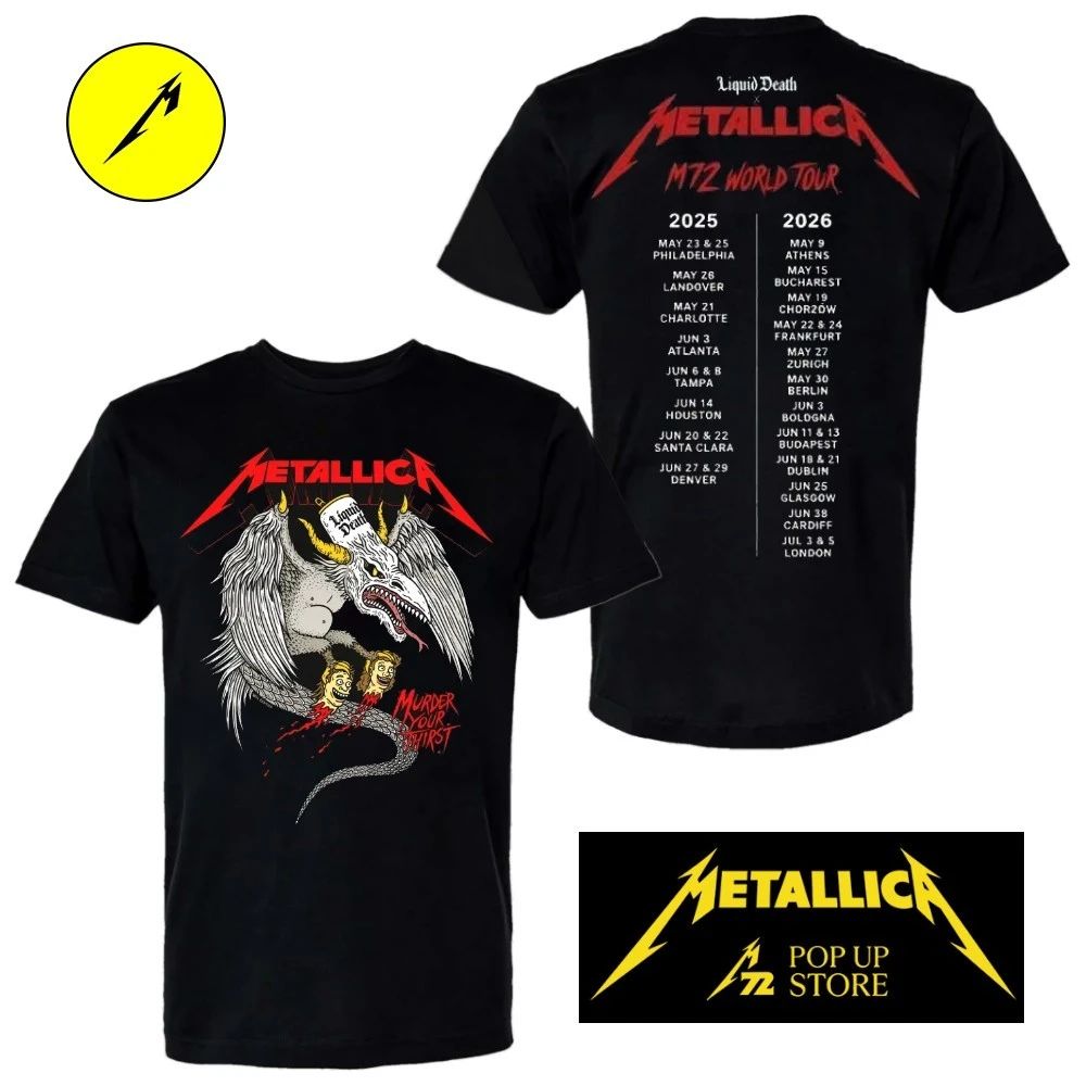 Metallica M72 Bucharest World Tour May 13 2026 At Arena Nationala Bucuresti Romania x Liquid Death Murder Your Thirst Tour Shirt