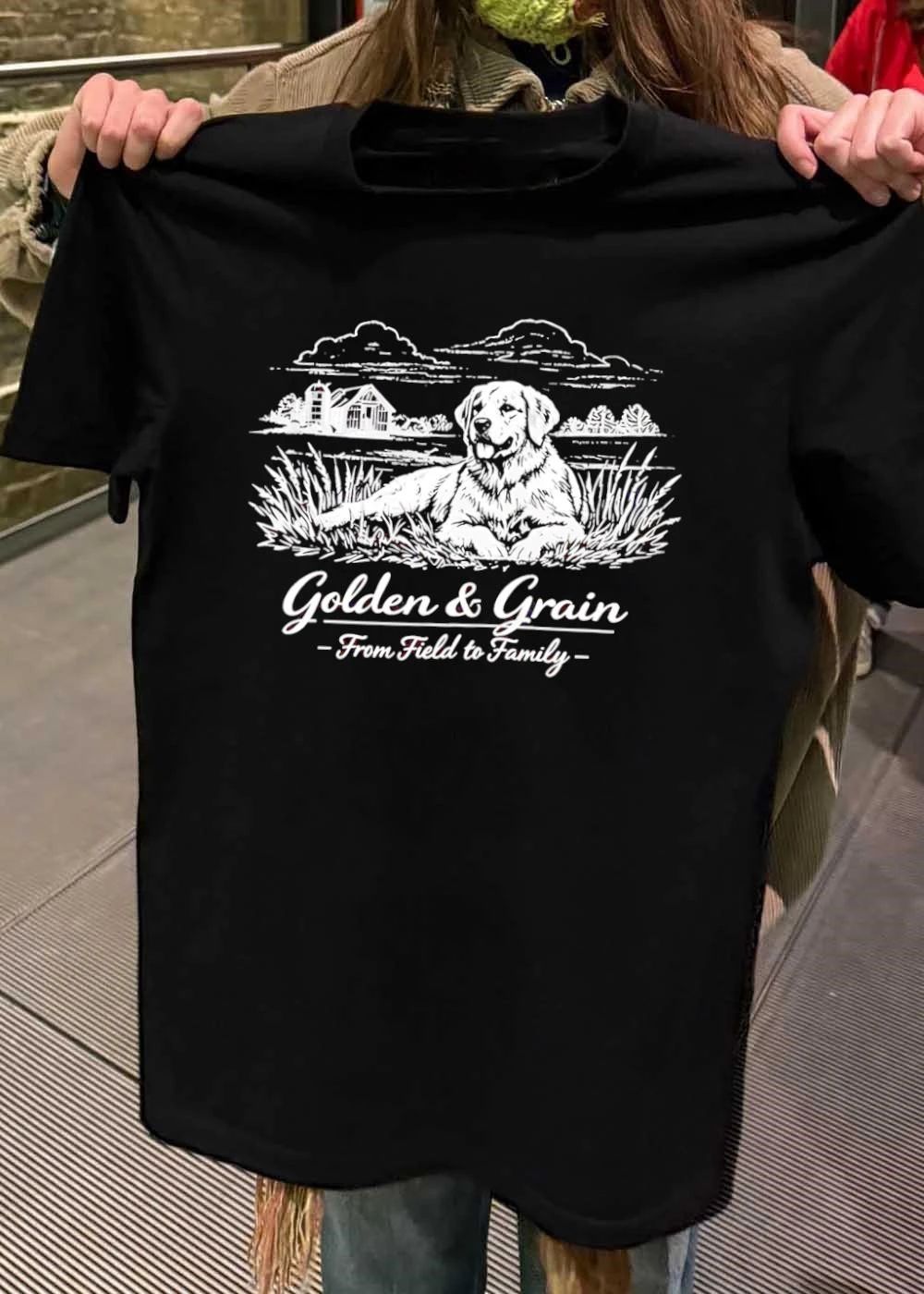 Golden & Grain From Field to Family Dog Lying in Grass T-Shirt