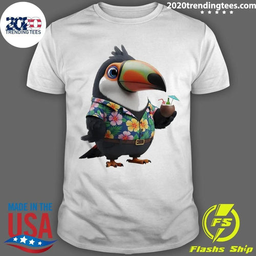 A Cartoon Toucan Dressed In Hawaiian Holding Tropical Drink Coconut Shirt