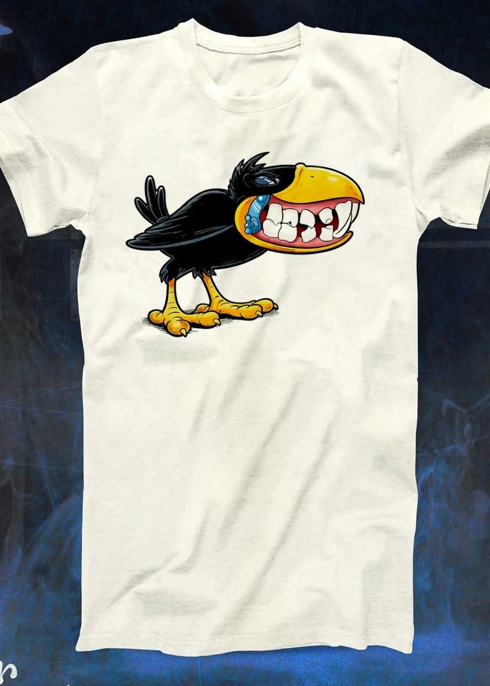 Crow with Teeth and Blue Phone Cartoon Graphic Green Background T-Shirt