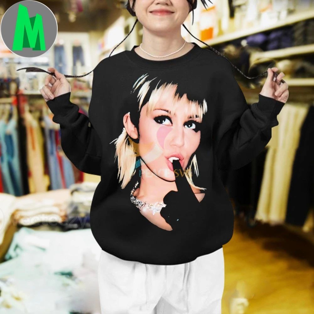 Original Miley Cyrus Blonde Hair Black Glove Playful Pose Shirt