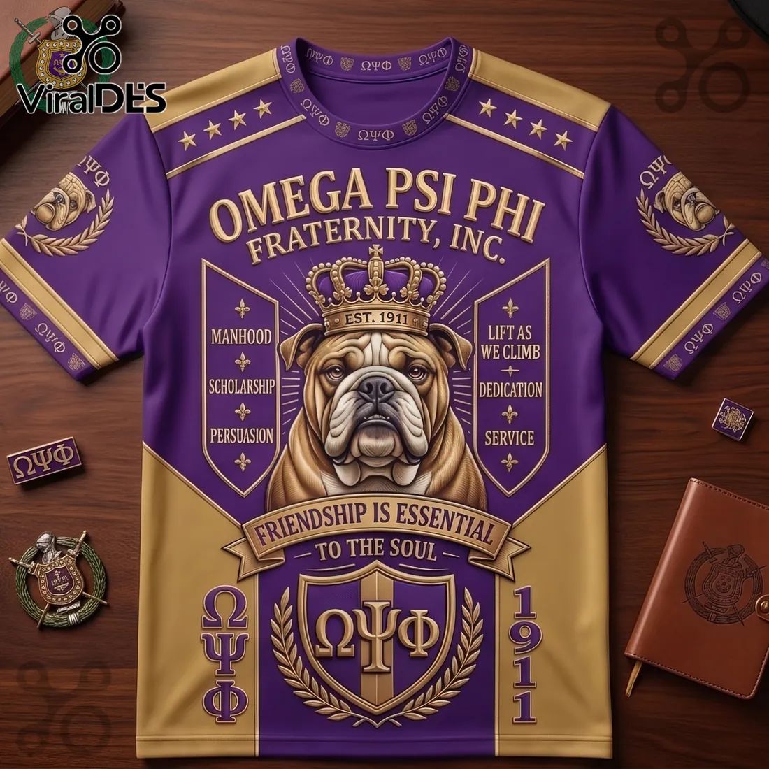 Omega Psi Phi Fraternity Bulldog Purple Gold T-Shirt
