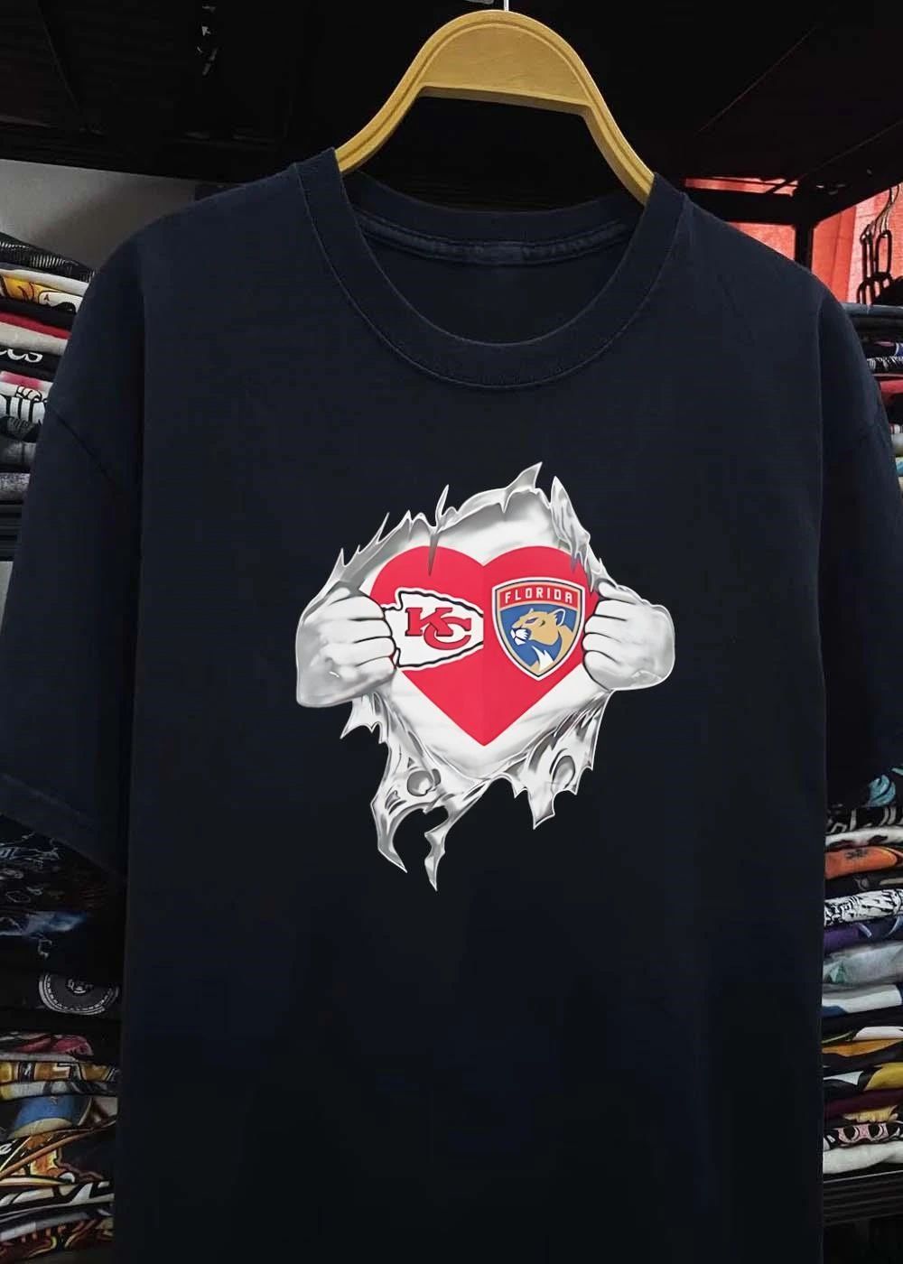 KC Chiefs and Florida Panthers Heart Ripped Chest T-Shirt