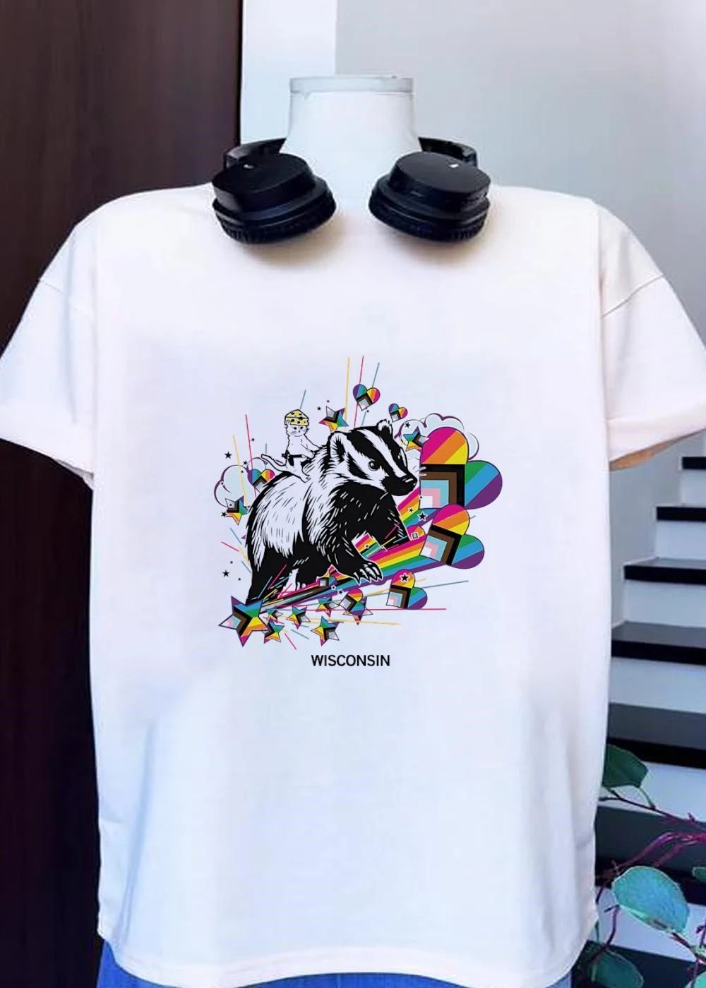 Wisconsin Cat Wearing a Cheese Hat Riding a Badger Pride Rainbow Stars T-Shirt